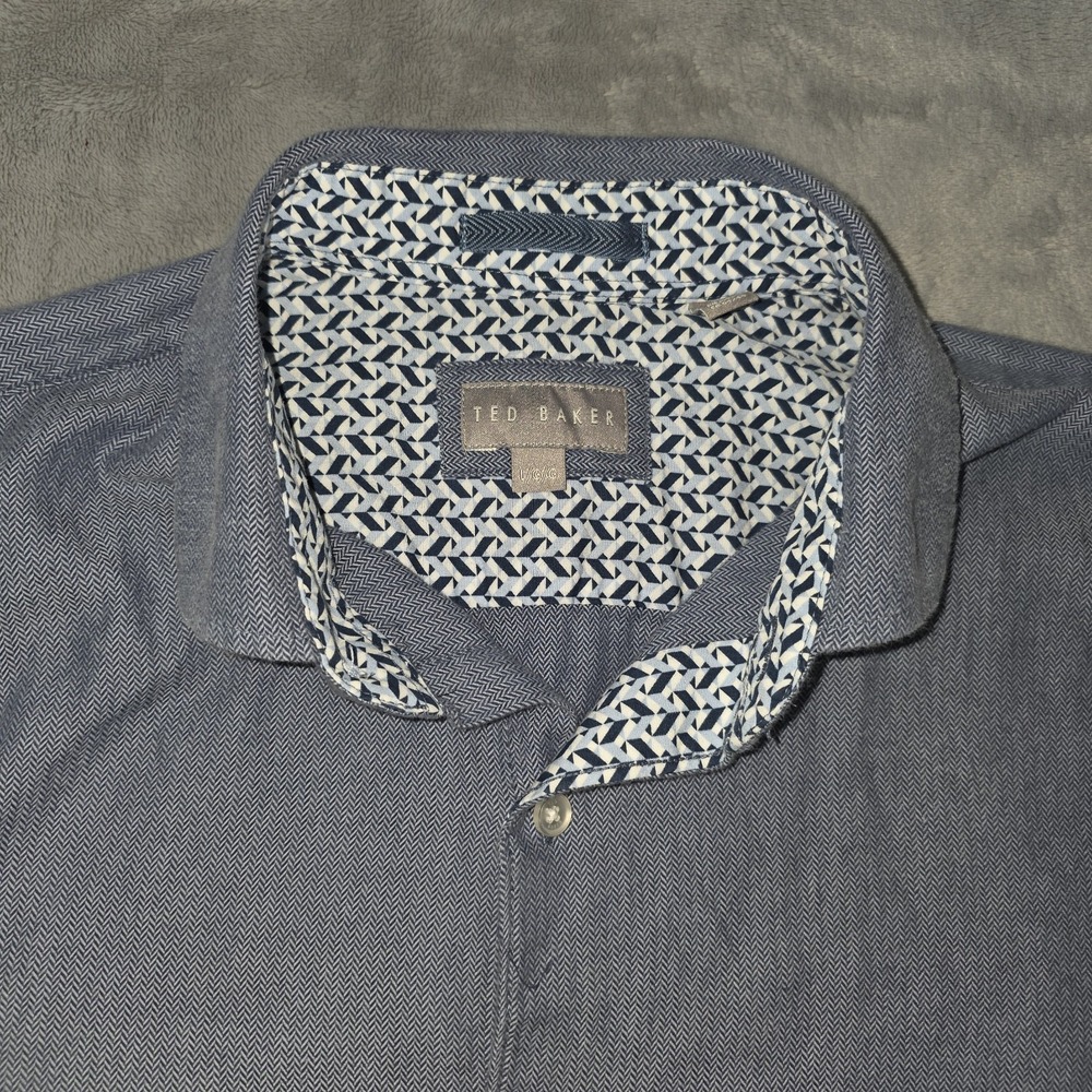 Ted Baker Herringbone Shirt Mens Adult 4 Blue Long Sleeve Button Up Cotton